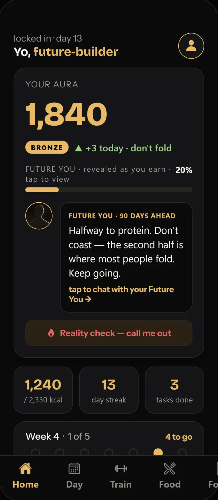 Aurapex home screen: aura score 1,840 with a Locked In badge, a Future You progress bar at 20%, a message from Future You, and a weekly streak tracker with 2 skips banked