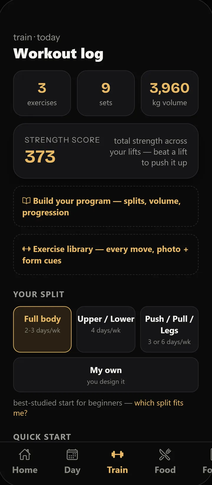 Aurapex workout log: 3 exercises, 9 sets, 3,960 kg volume, a strength score of 373, push-pull-legs quick starts, rest timers and a plate calculator