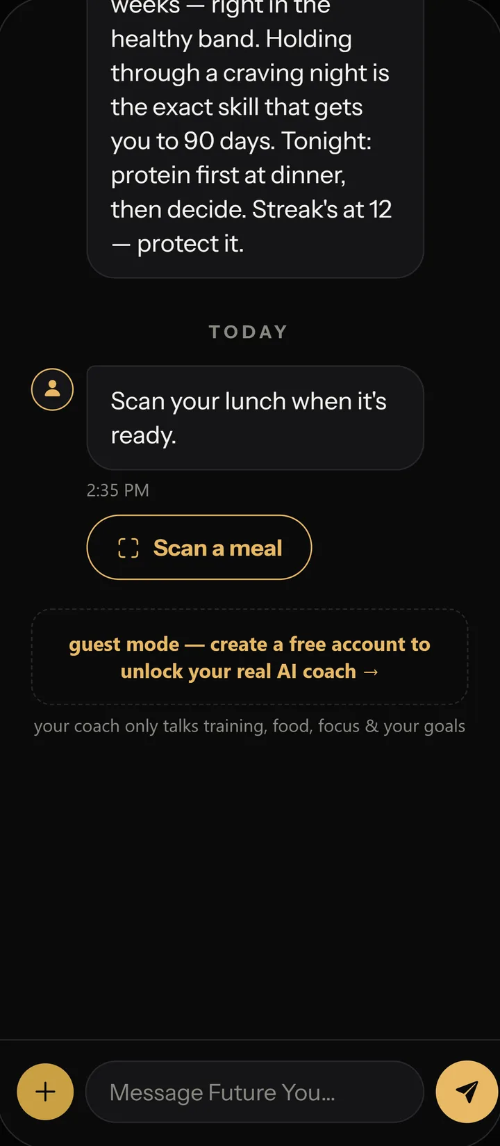 Aurapex coach chat: the coach replies to a weigh-in with the user's real numbers — 2.2 kg down in 4 weeks, streak at 12 — plus a scan-breakfast button