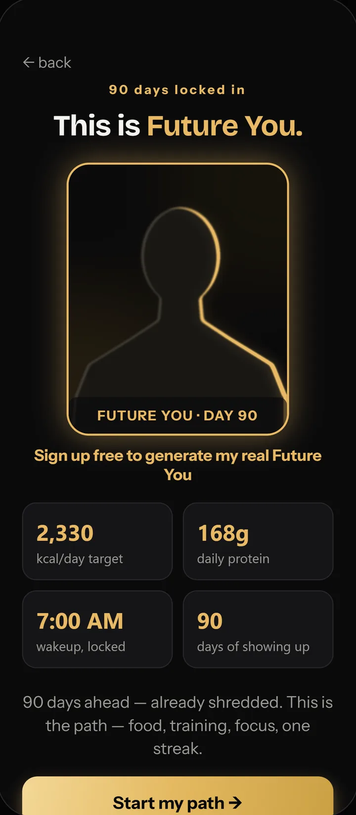 Aurapex app — the Future You screen: a Day 90 render card with your targets: 2,330 kcal a day, 168 g protein, 7:00 AM wake-up, 90 days of showing up